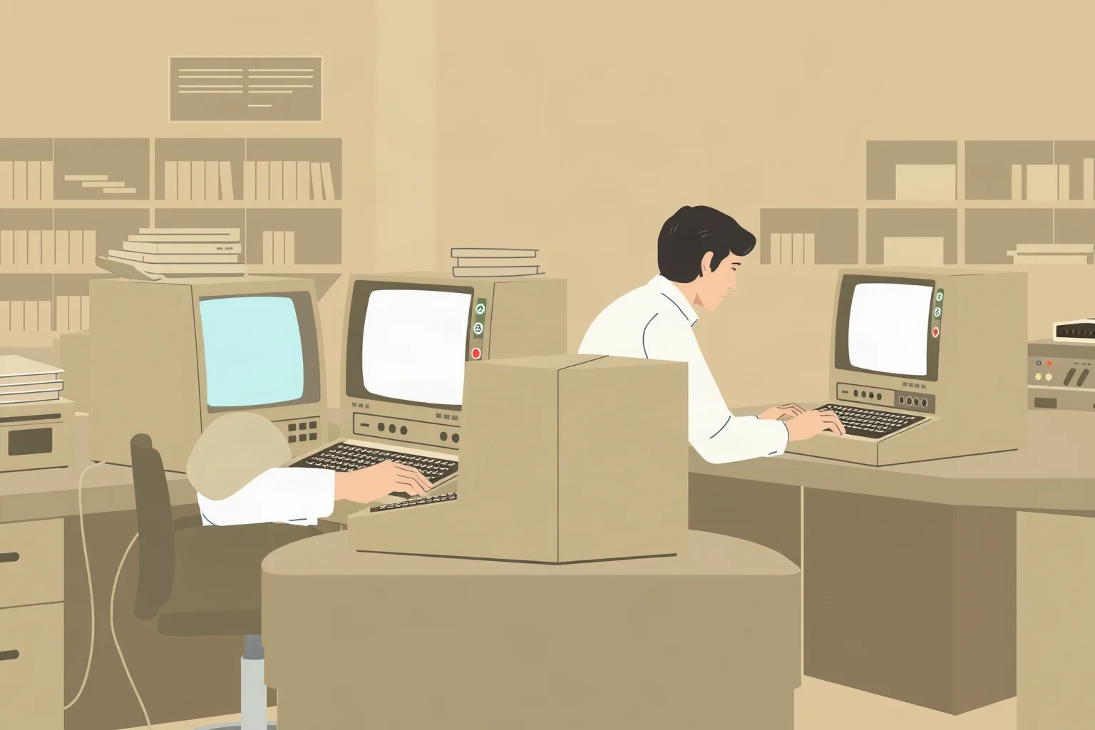 Illustration of two programmers working at teletype terminals in a 1970s research lab