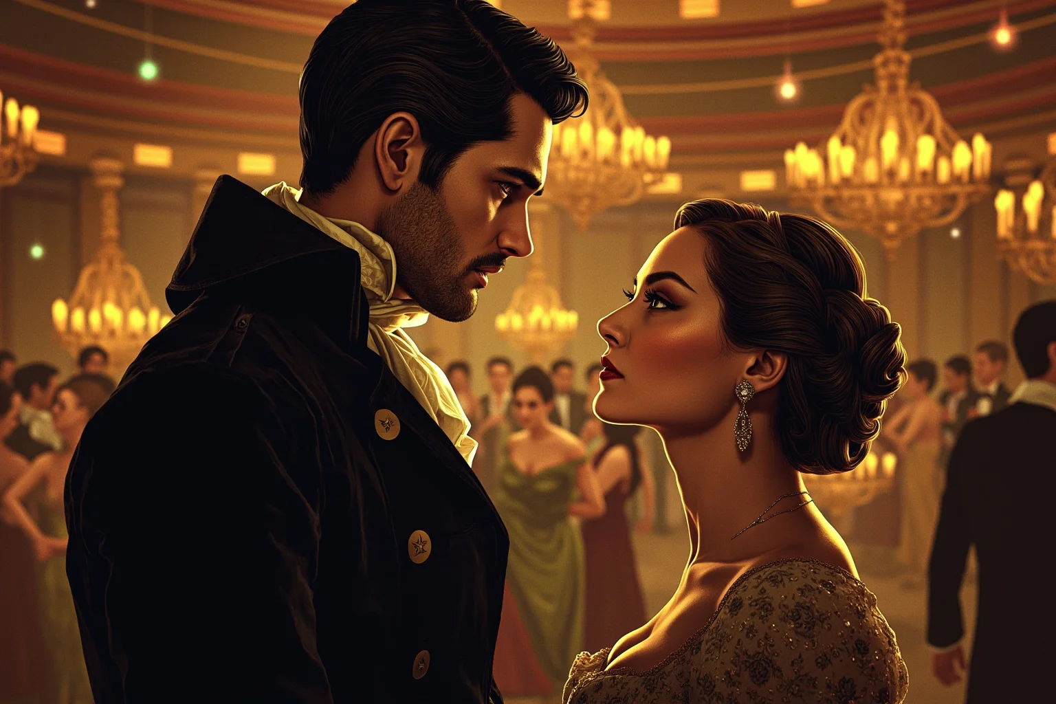Lord Byron and Lady Caroline Lamb: History's Messiest Love Story 6 Illustration of two Regency-era figures, a man and a woman, exchanging an intense glance across a crowded candlelit ballroom