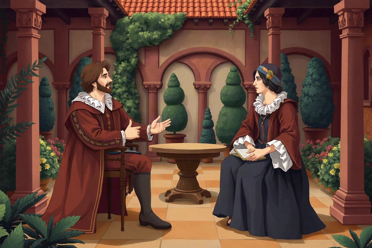 Illustration of two Renaissance-era figures mid-witty-argument in a garden courtyard, evoking Much Ado About Nothing
