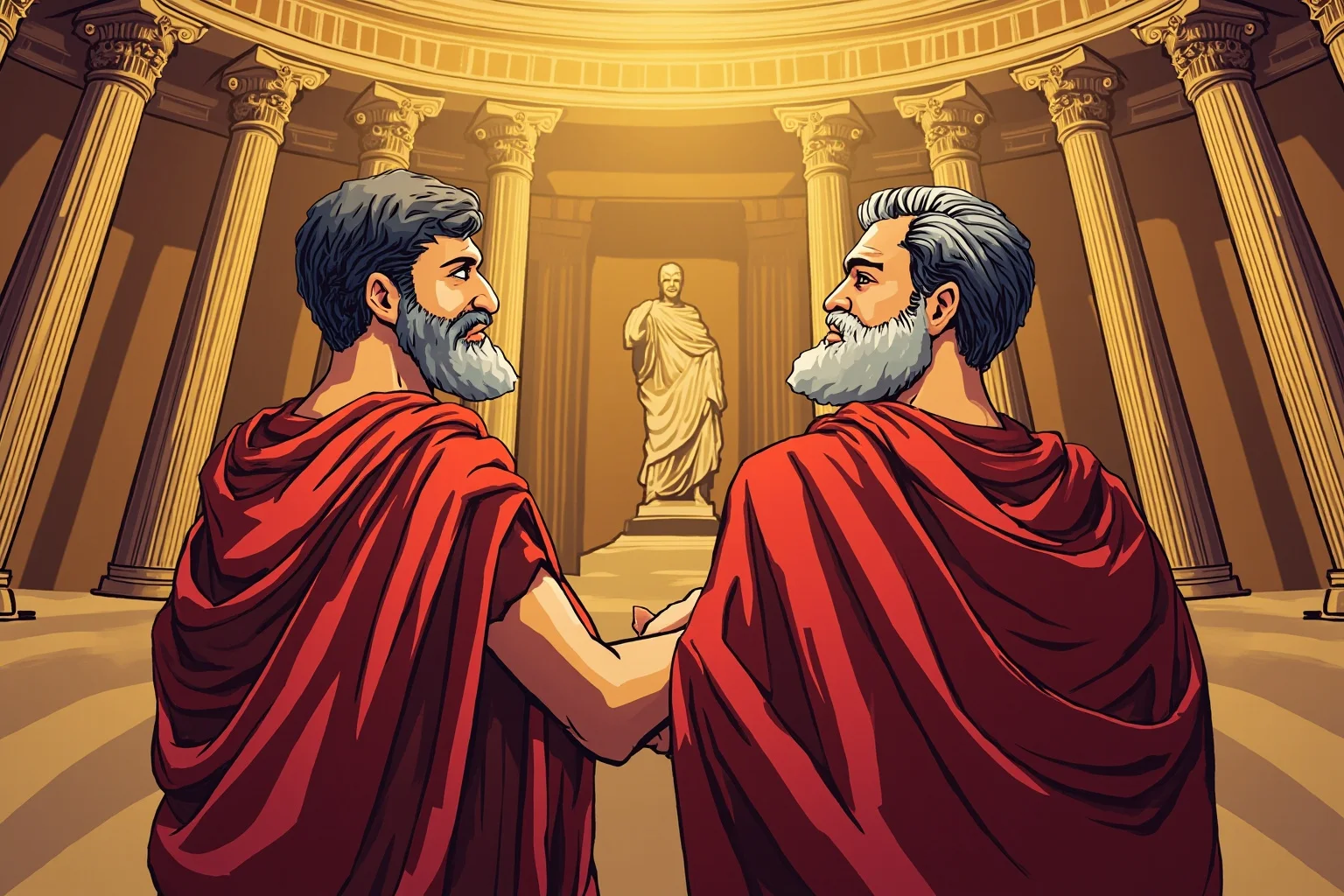 Monarchs Whose Reigns Were Hilariously Short 13 Illustration of two Roman senators in togas standing together as co-rulers inside the Roman Senate chamber