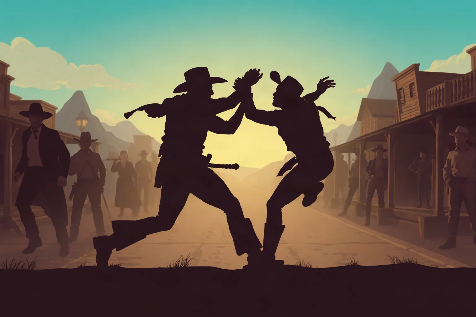 Illustration of two silhouetted wrestlers grappling outdoors in a 19th-century frontier town crowd