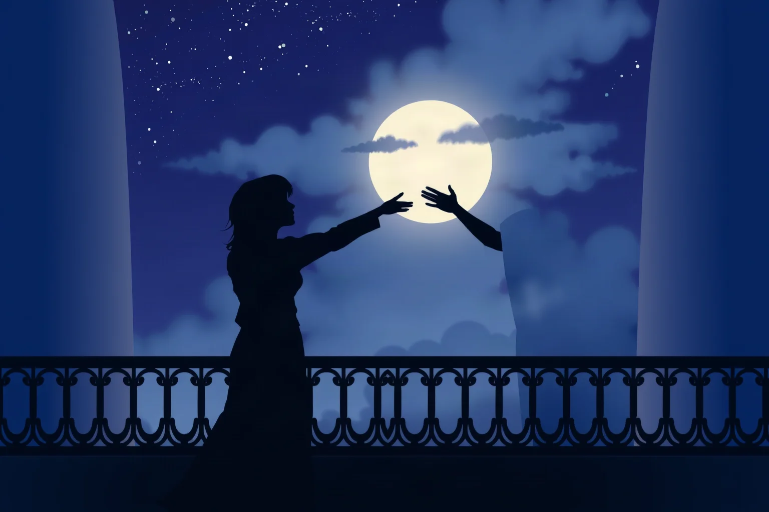 Illustration of two silhouetted young lovers reaching toward each other across a balcony at night, evoking Romeo and Juliet