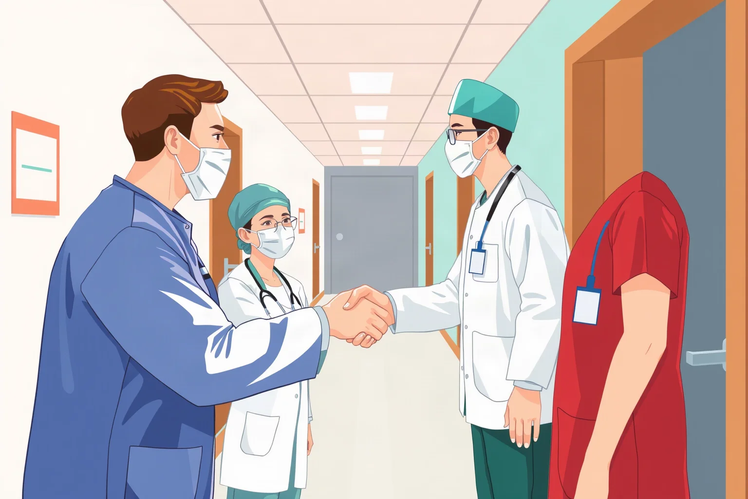 Illustration of two surgeons in different uniforms shaking hands in a hospital hallway, symbolizing international exchange