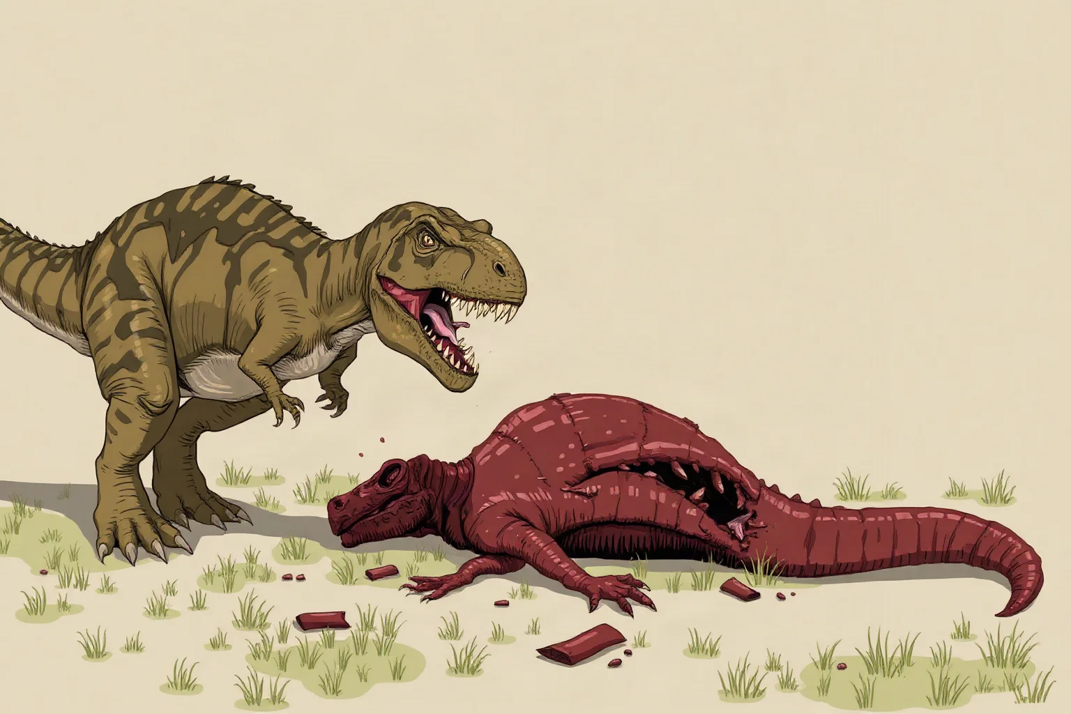 Illustration of two Tyrannosaurus rex individuals near a carcass, one showing aggressive scavenging behavior