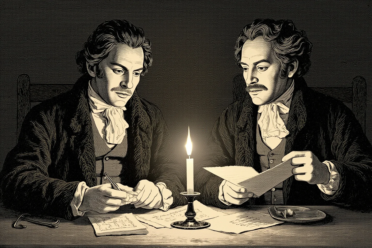 Illustration of two Victorian-era gentlemen exchanging letters by candlelight, symbolizing a scientific rivalry