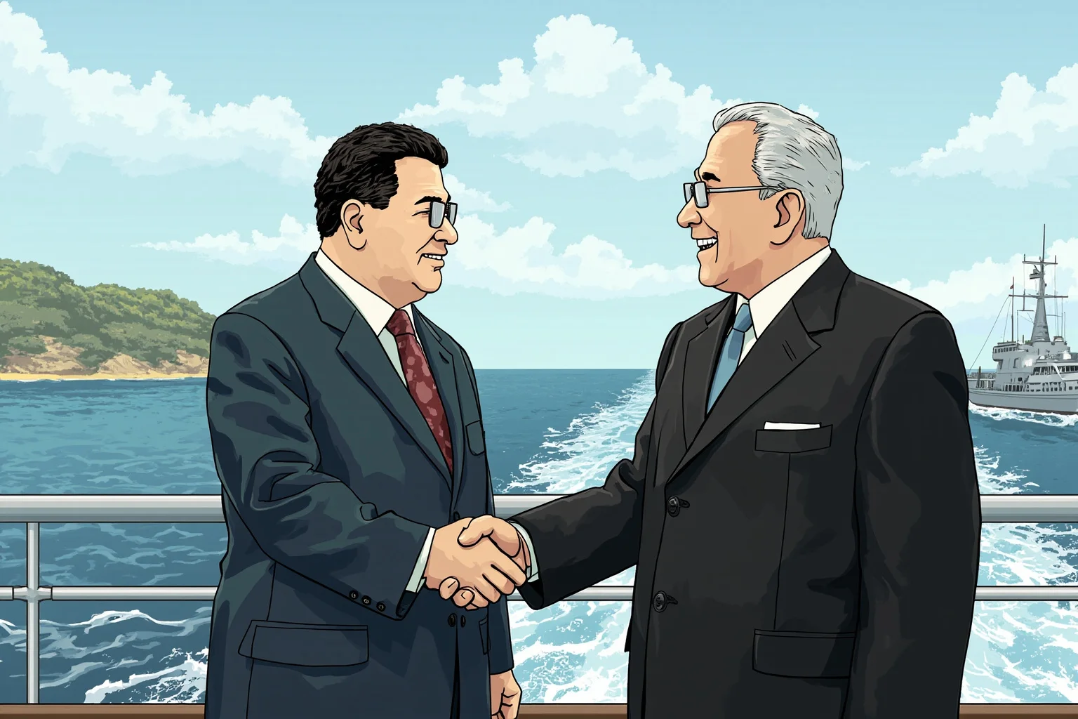 Illustration of two world leaders shaking hands aboard a naval ship at sea with a coastline in the background, symbolizing a wartime charter meeting