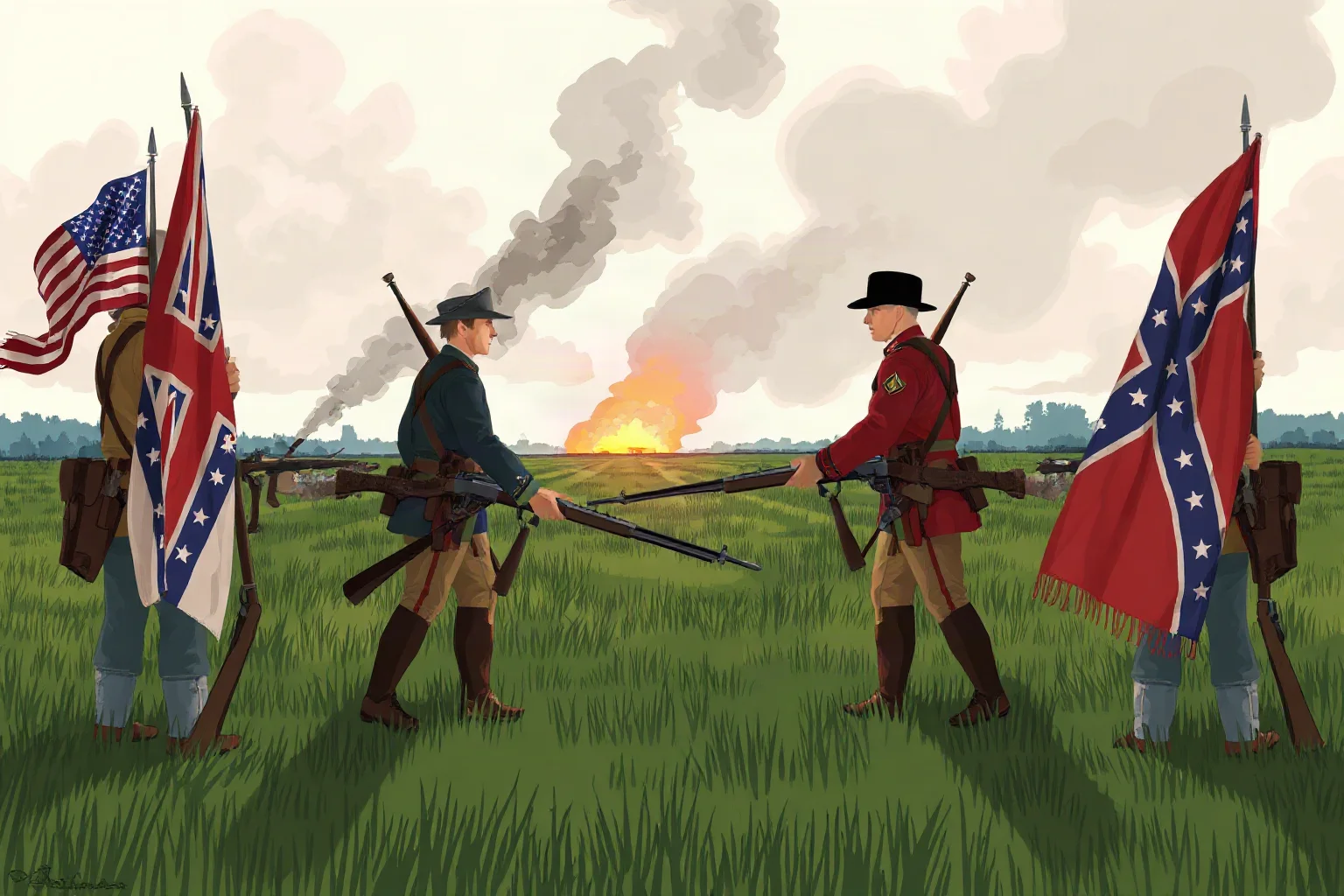 Illustration of Union and Confederate soldiers facing each other across a Civil War battlefield
