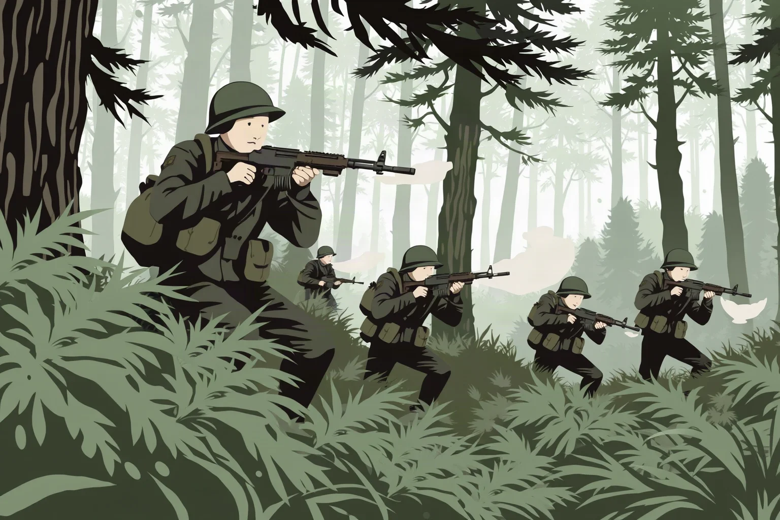 Illustration of US Marines fighting through a dense forest during a fierce WWI engagement