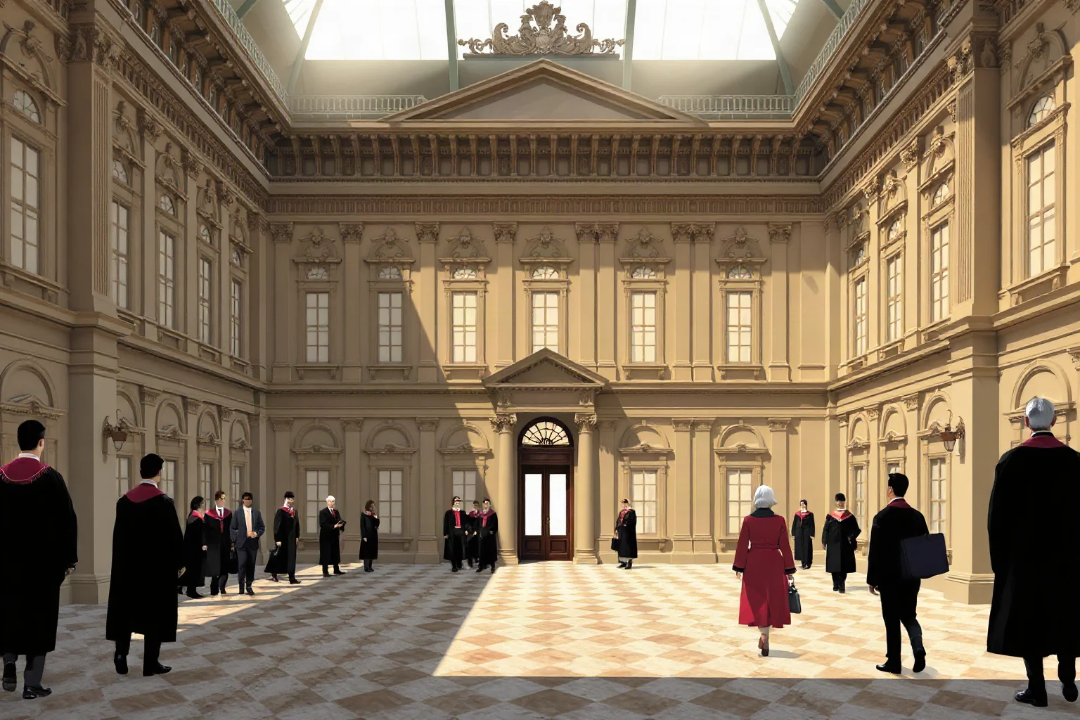 Illustration of Vienna's grand university hall with imperial Austrian architecture and scholars in formal academic dress