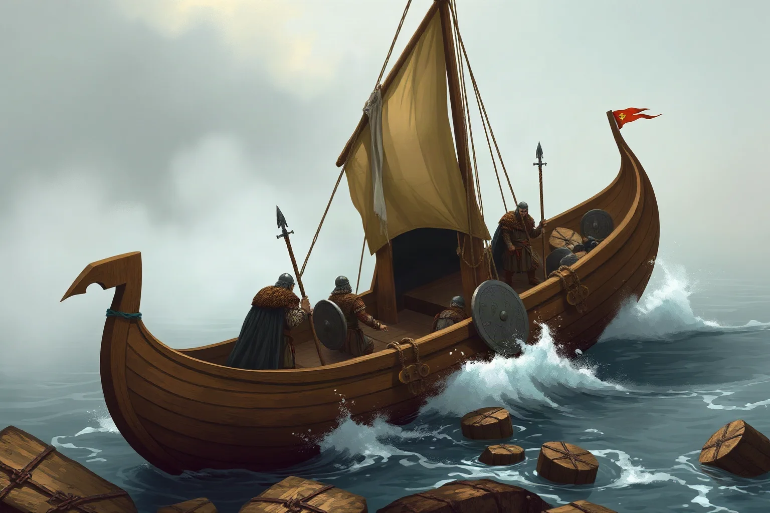 Illustration of Viking warriors disembarking from a longship on a misty coastline