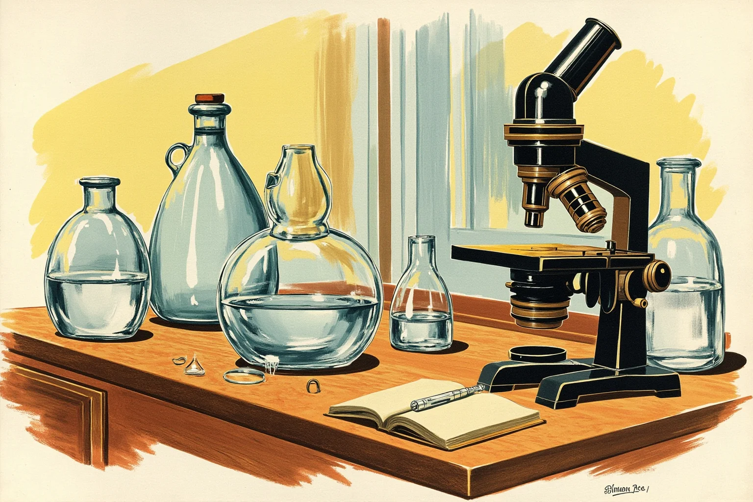Unsung Heroes History Doesn't Talk About Enough 12 Illustration of vintage laboratory glassware and microscope on a wooden desk, 1950s medical research setting, no visible people