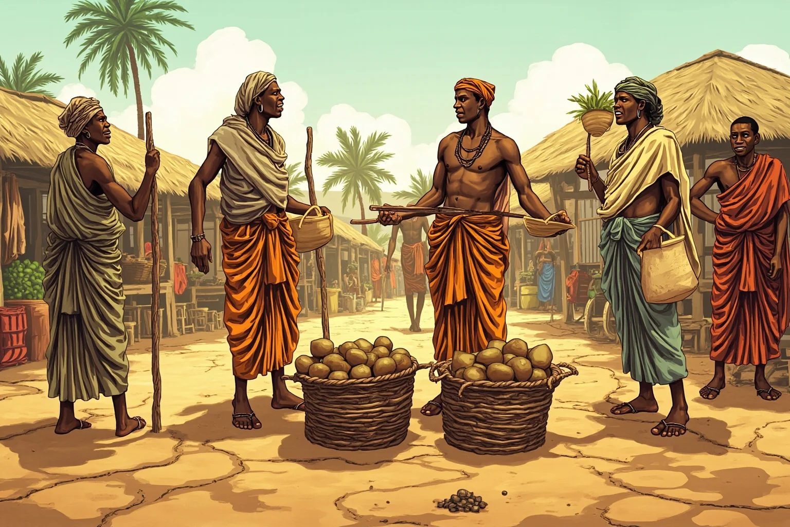 Illustration of West African villagers in a marketplace scene symbolizing community and honesty