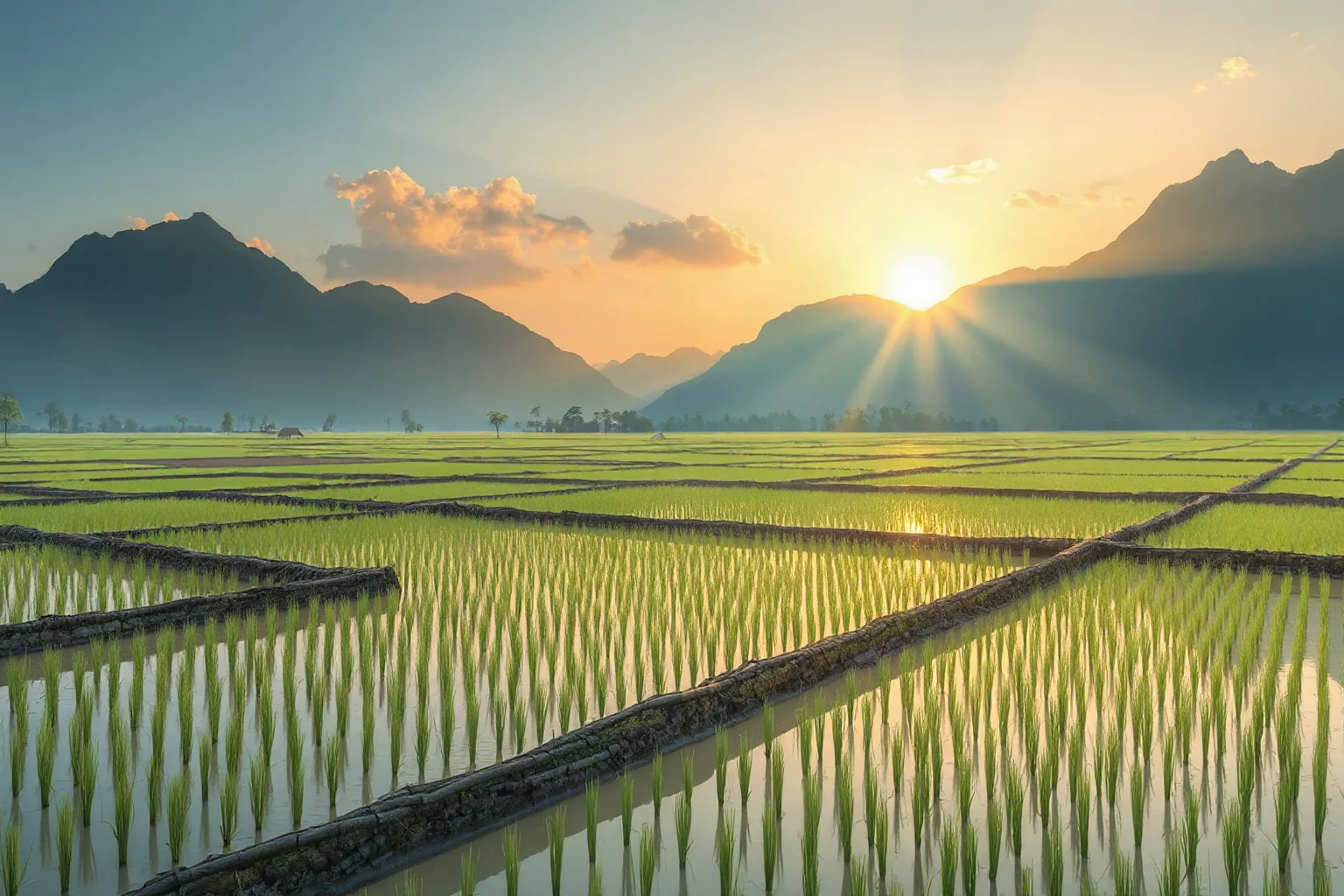 Illustration of withered, flood-damaged rice paddies stretching to the horizon