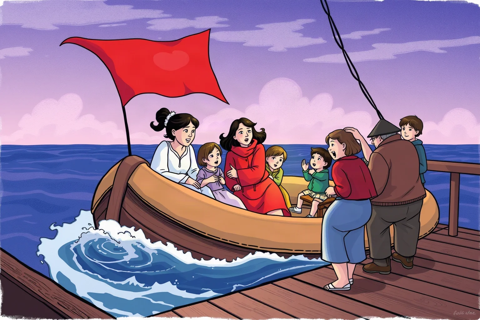 Illustration of women and children being helped into a lifeboat while others wait anxiously on deck