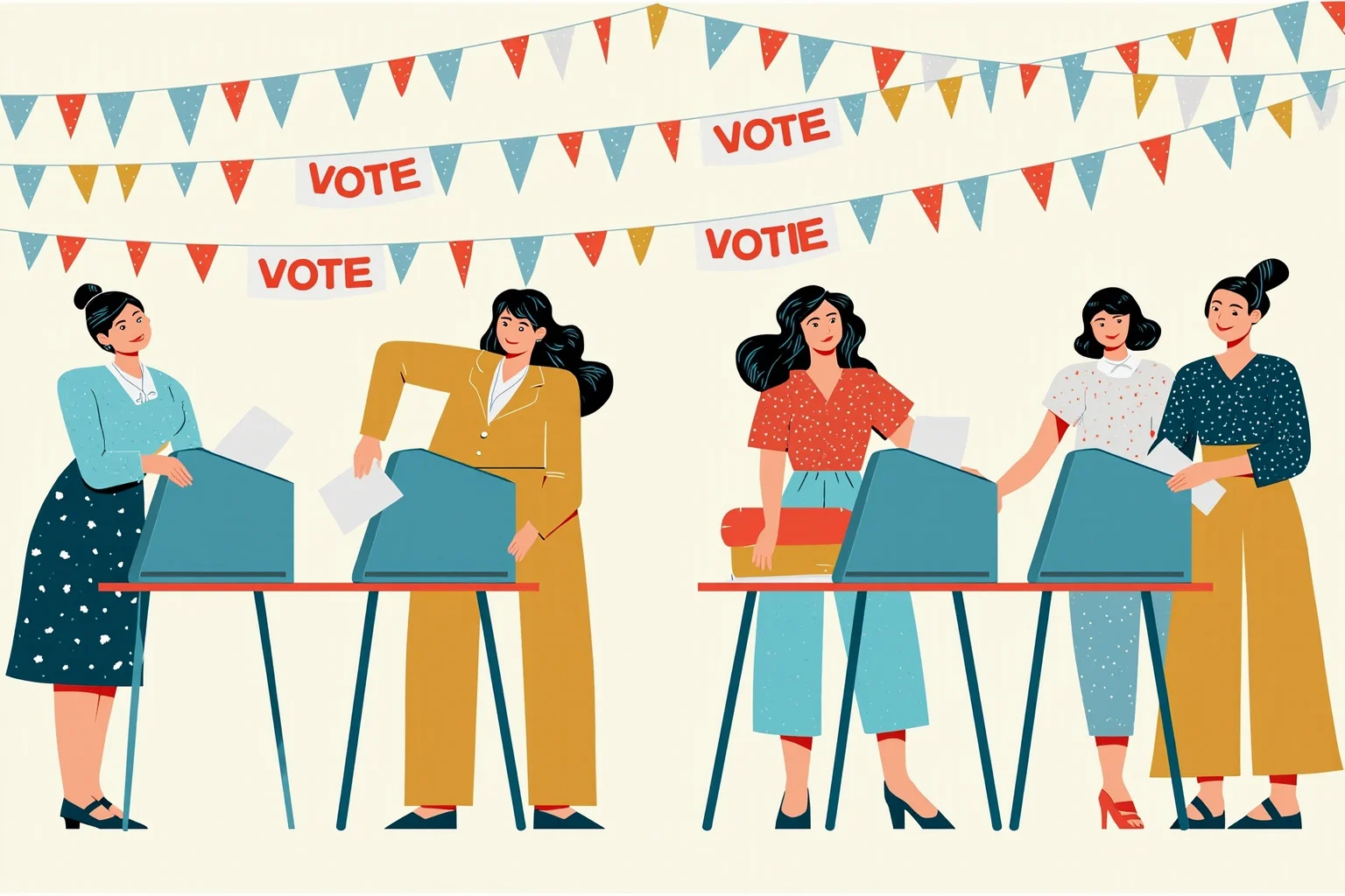 22 Historical Events That Will Restore Your Faith In Humanity 13 Illustration of women from different decades casting ballots at a voting booth, 'vote' banners in the background
