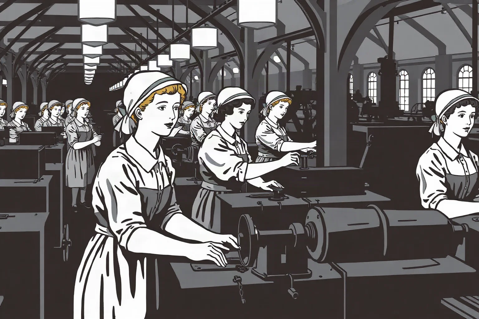 Illustration of women in early 20th-century factory clothing operating machinery in a munitions plant