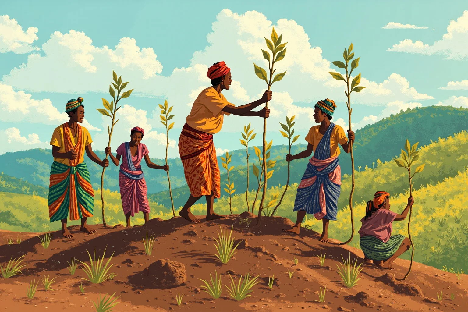 Illustration of women planting trees together on a hillside in East Africa, community effort