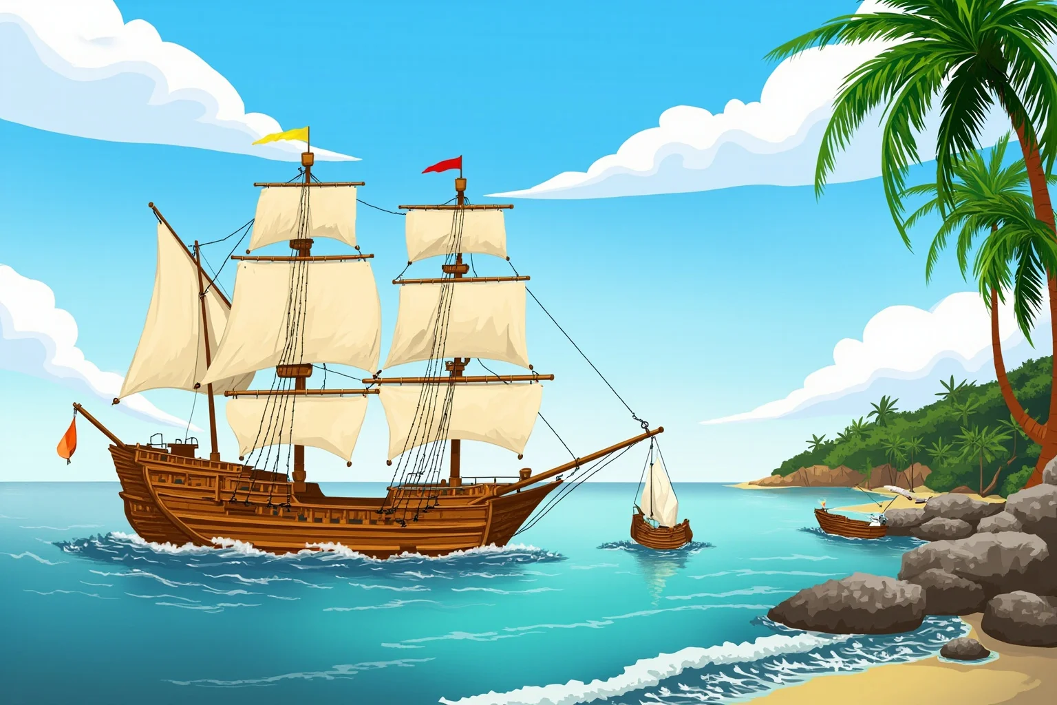 25 Most Memorable Dates in History (And Why They Still Matter) 7 Illustration of wooden sailing ships anchored near a tropical shoreline with palm trees and small boats landing