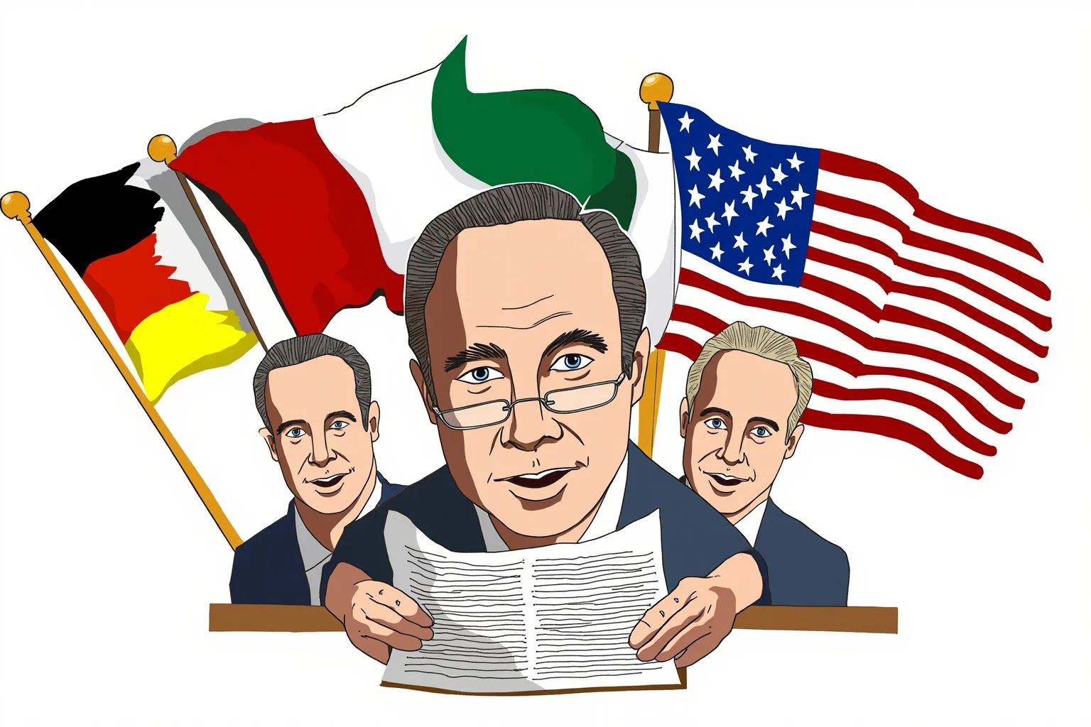 Illustration of world leaders' flags of Germany, Italy, and the United States with a formal declaration document, symbolizing declarations of war