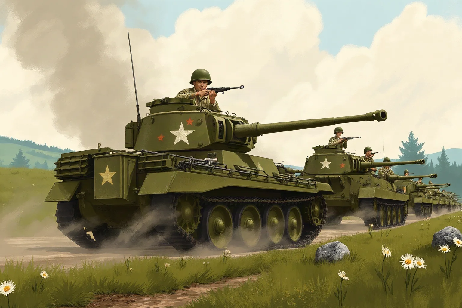 Illustration of World War II era armored tank column with soldiers moving through a European countryside