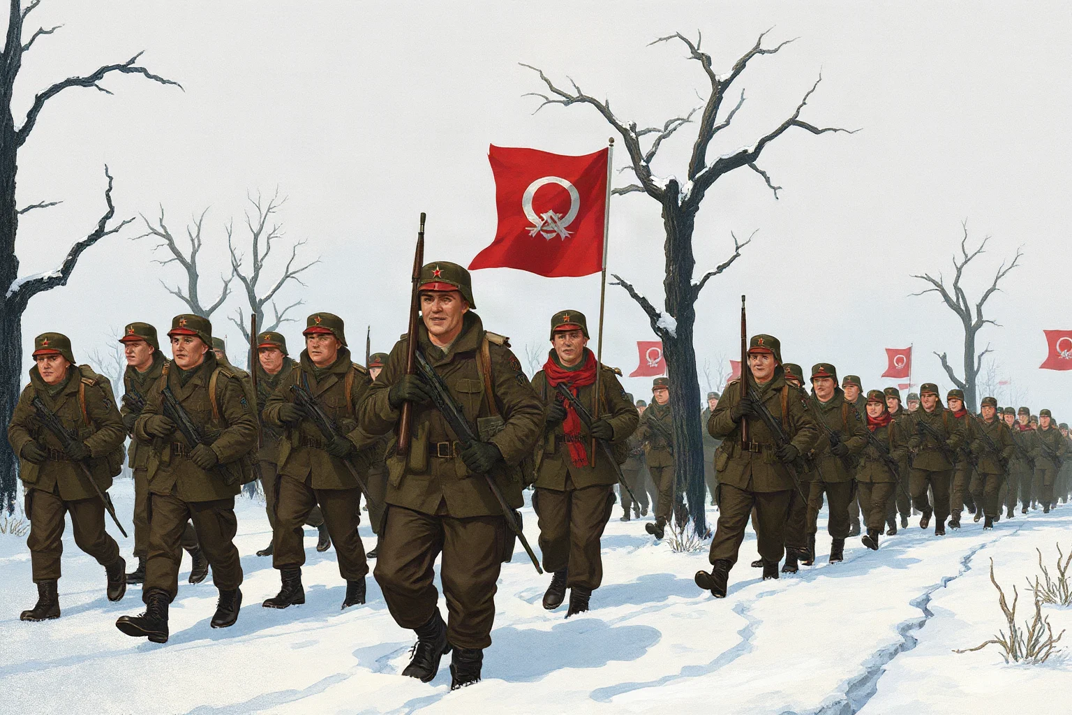 Illustration of World War II era Soviet Red Army soldiers advancing through a snowy battlefield