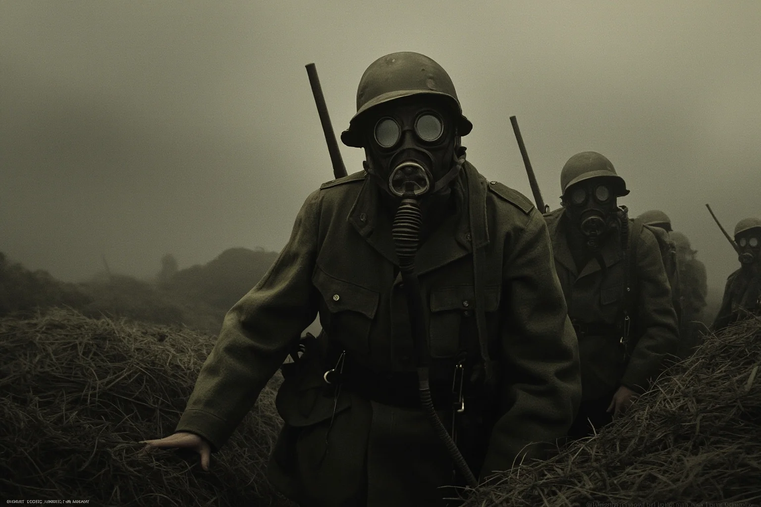 The Worst Inventions of All Time, Ranked 9 Illustration of WWI-era soldiers in gas masks in a foggy trench, somber historical art style