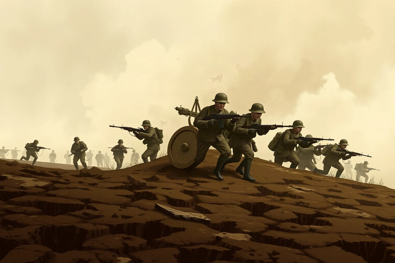 Illustration of WWI infantry advancing across a cratered no-man's-land under artillery smoke