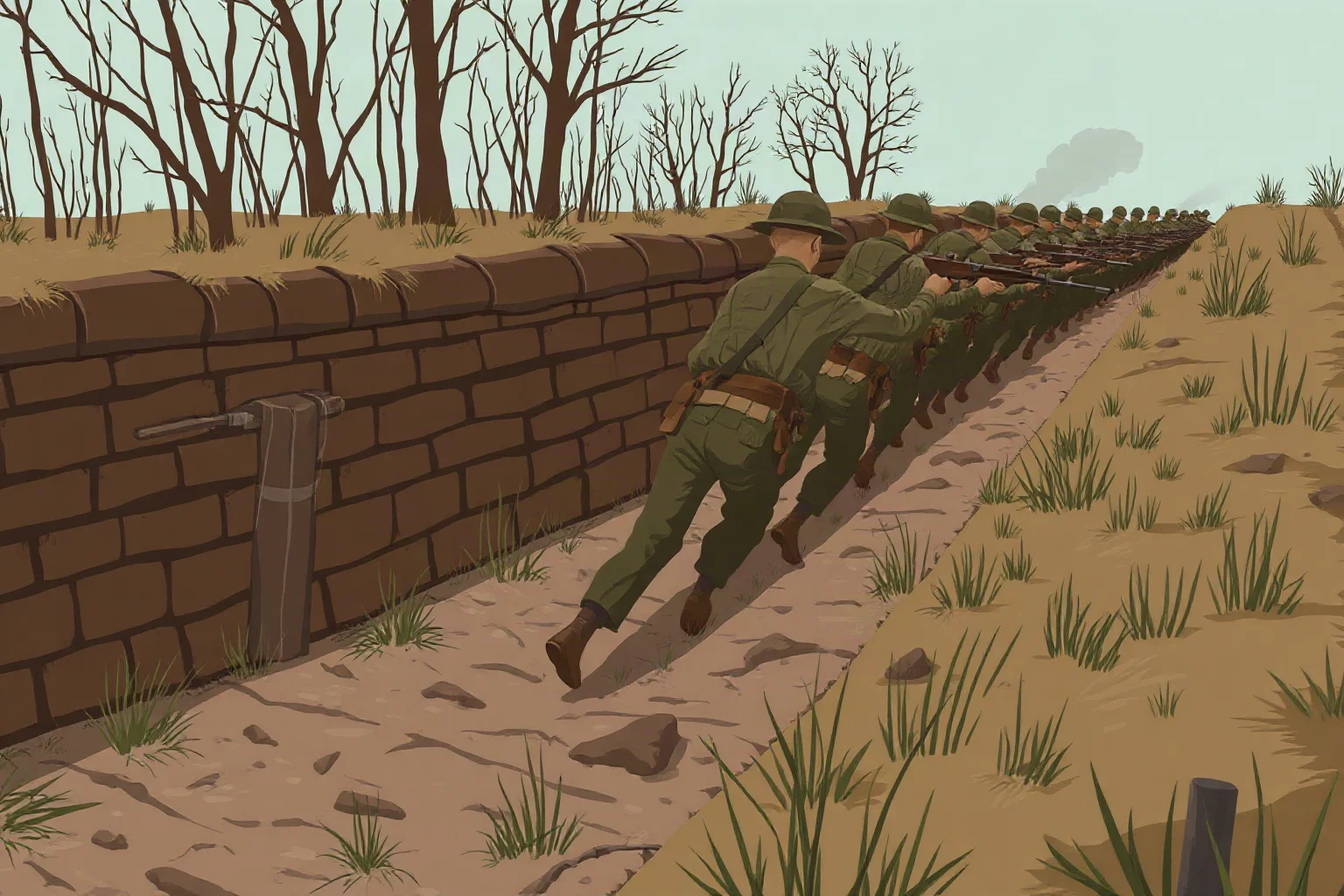 Illustration of WWI infantry advancing rapidly through a captured trench system in early spring