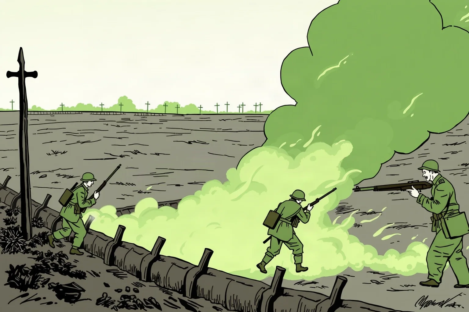 Illustration of WWI soldiers reacting to a greenish gas cloud drifting across a trench line