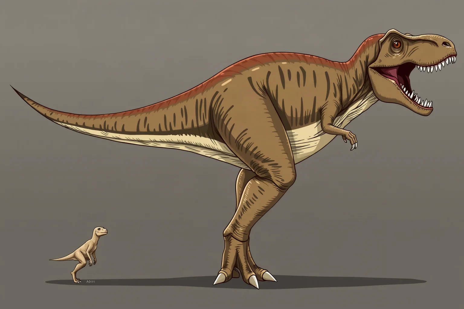 Illustration showing a small juvenile Tyrannosaurus rex beside a full-grown adult to show rapid growth