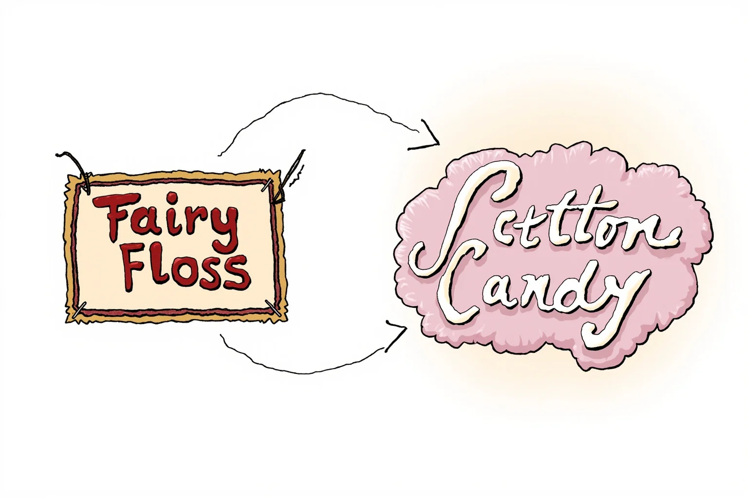 Illustration showing an old 'Fairy Floss' sign transforming into a 'Cotton Candy' sign