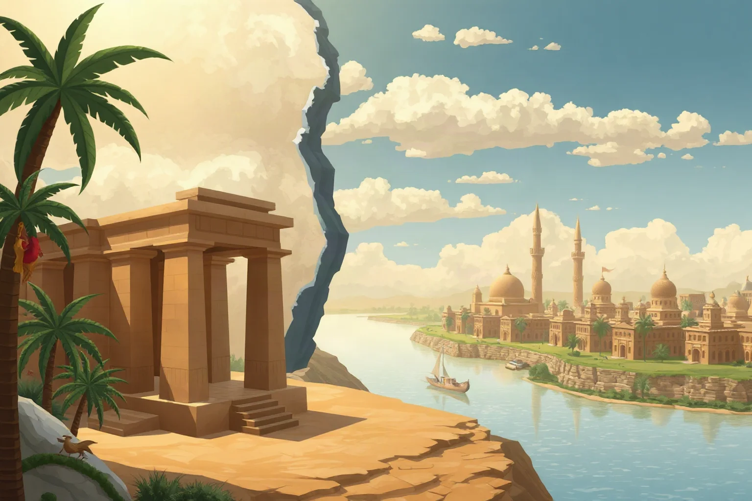 Illustration split between an ancient Egyptian temple and a modern Egyptian cityscape along the Nile