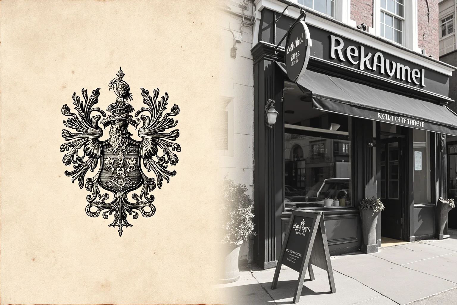 John Montagu, the Earl of Sandwich Who Popularized Our Favorite Lunch Food 19 Illustration split between an old parchment family crest and a modern restaurant storefront sign, old-meets-new theme