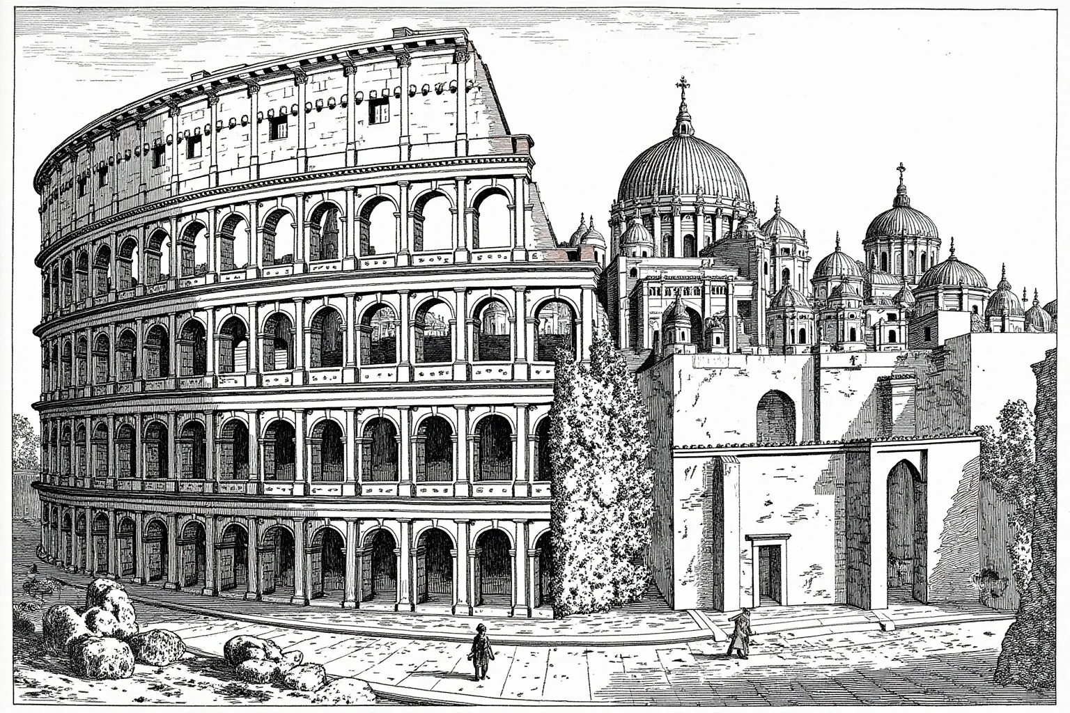Illustration split in two: the Western Roman Colosseum in decline on one side, the domes of Constantinople thriving on the other