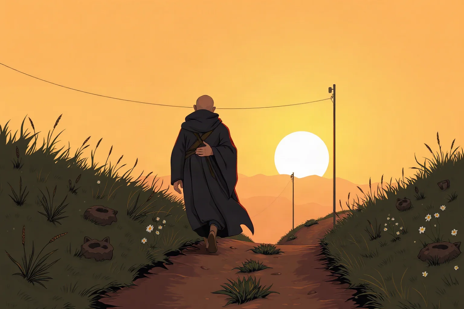 Illustrative depiction of a robed philosopher walking along a dirt path repeating a daily habit, sunrise lighting
