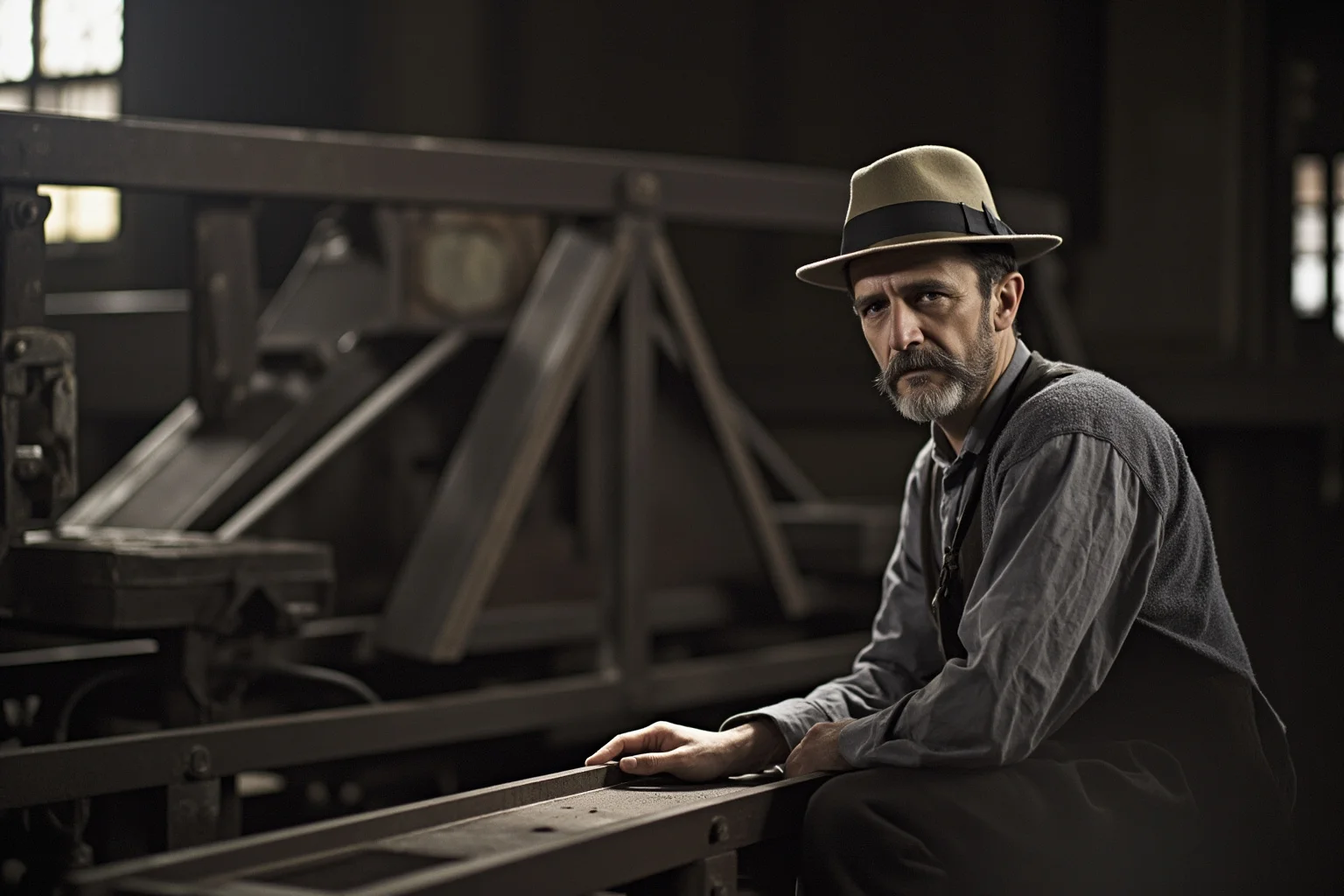 Immigrant steelworker in 19th century factory setting with industrial machinery and steel beams