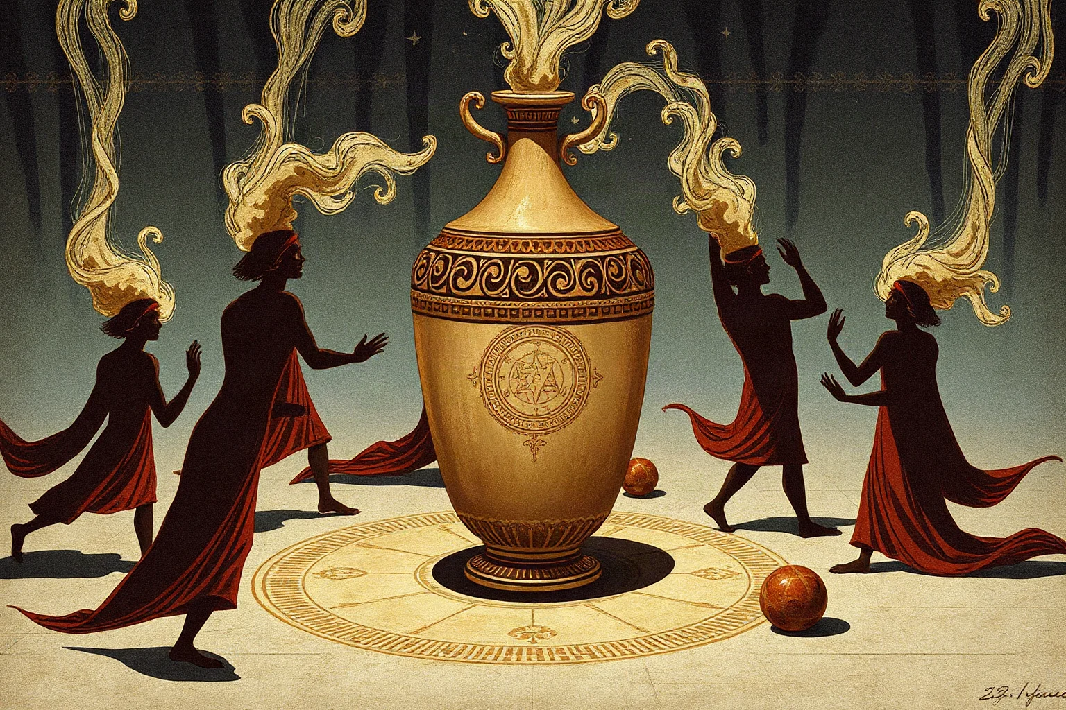 An ornate ancient Greek pottery-style illustration of a sealed jar surrounded by swirling shadowy figures representing misfortune escaping into the air