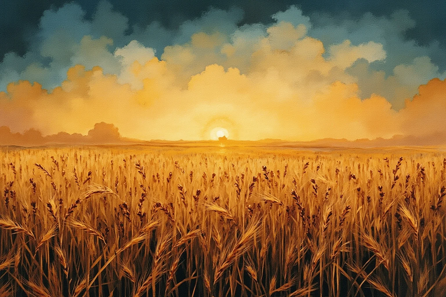 Impressionist-style illustration of a golden wheat field at dusk, lone silhouette in the distance, melancholic tone