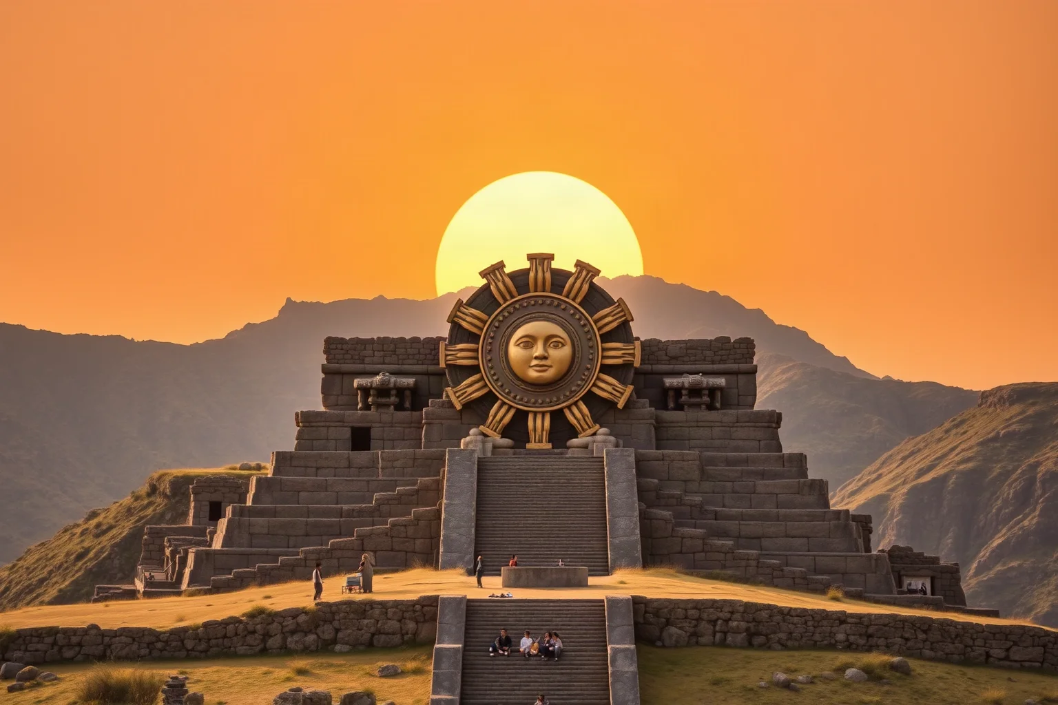 Inca sun temple high in the Andes mountains with golden sun iconography