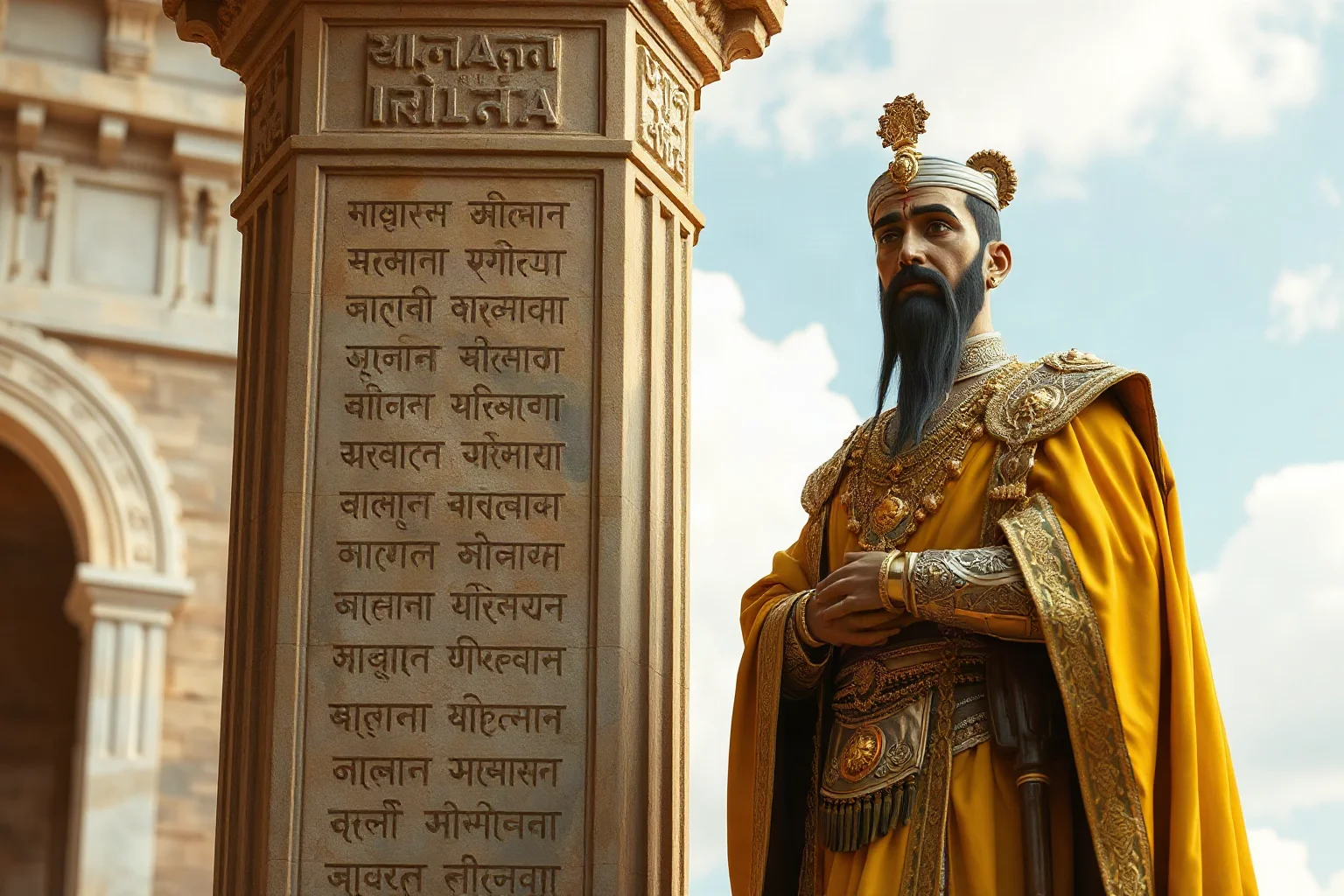 Indian emperor in ornate robes standing beside a carved stone pillar with inscriptions