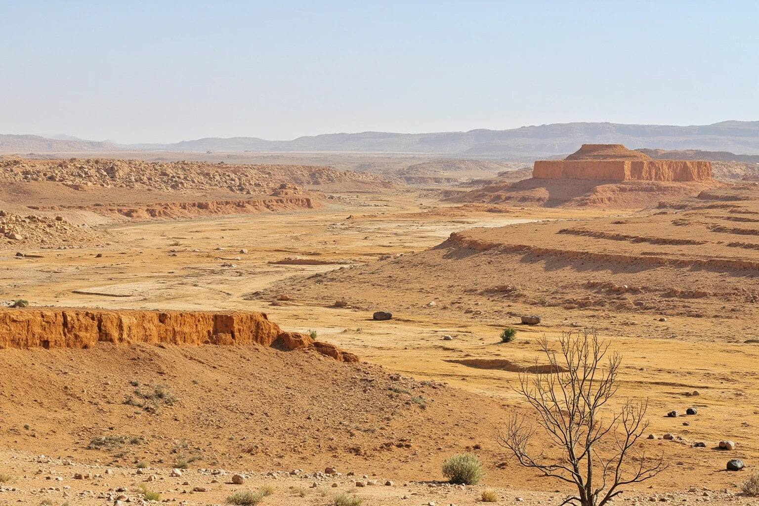 Indian river valley landscape with eroded clay hills and scattered rounded rocks