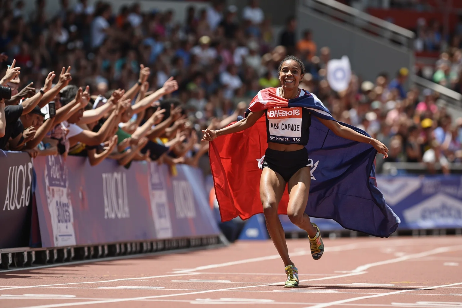 Female Athletes In History Who Changed The Game 20 Indigenous Australian female sprinter crossing an Olympic finish line draped in a flag, jubilant home crowd cheering