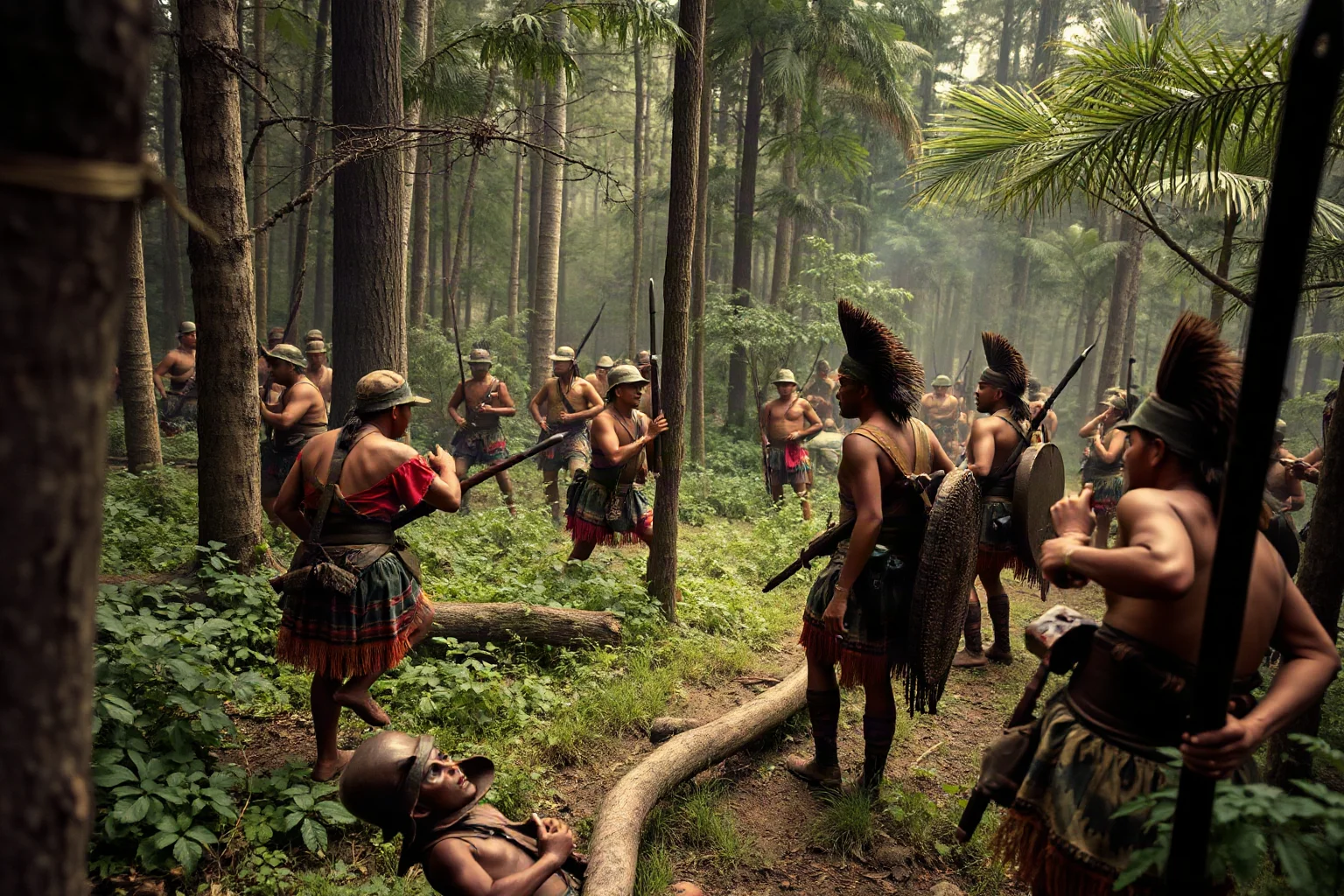 Indigenous Mapuche warriors and Spanish colonial soldiers in a dense Chilean forest border skirmish