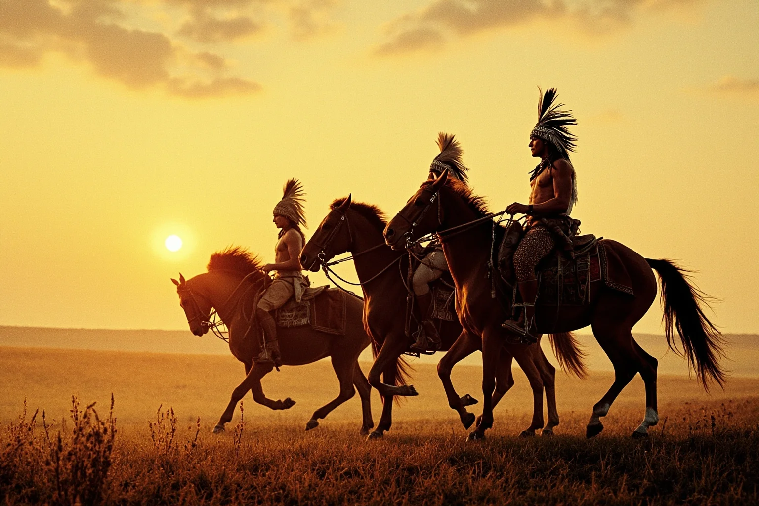 22 Inspiring Stories From Native American History 7 Indigenous warriors on horseback on a grassy plain at dawn, historical illustration style