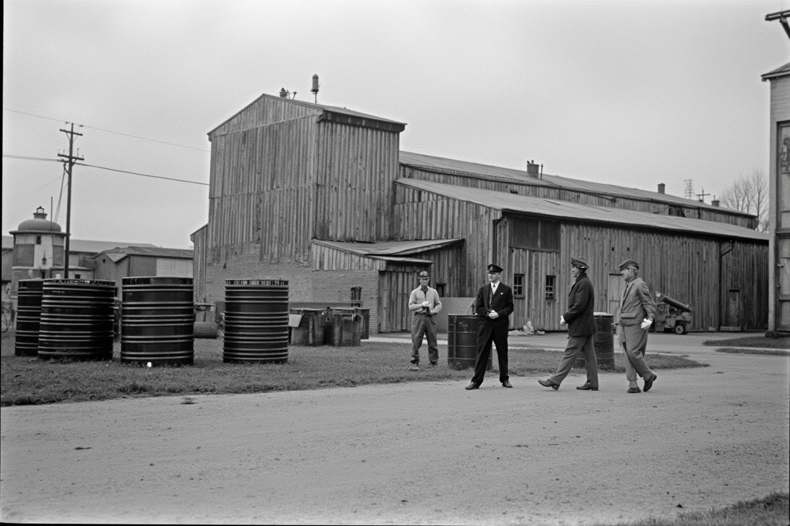 Industrial storage tanks and warehouse yard with inspectors checking oil barrels, mid-20th-century style