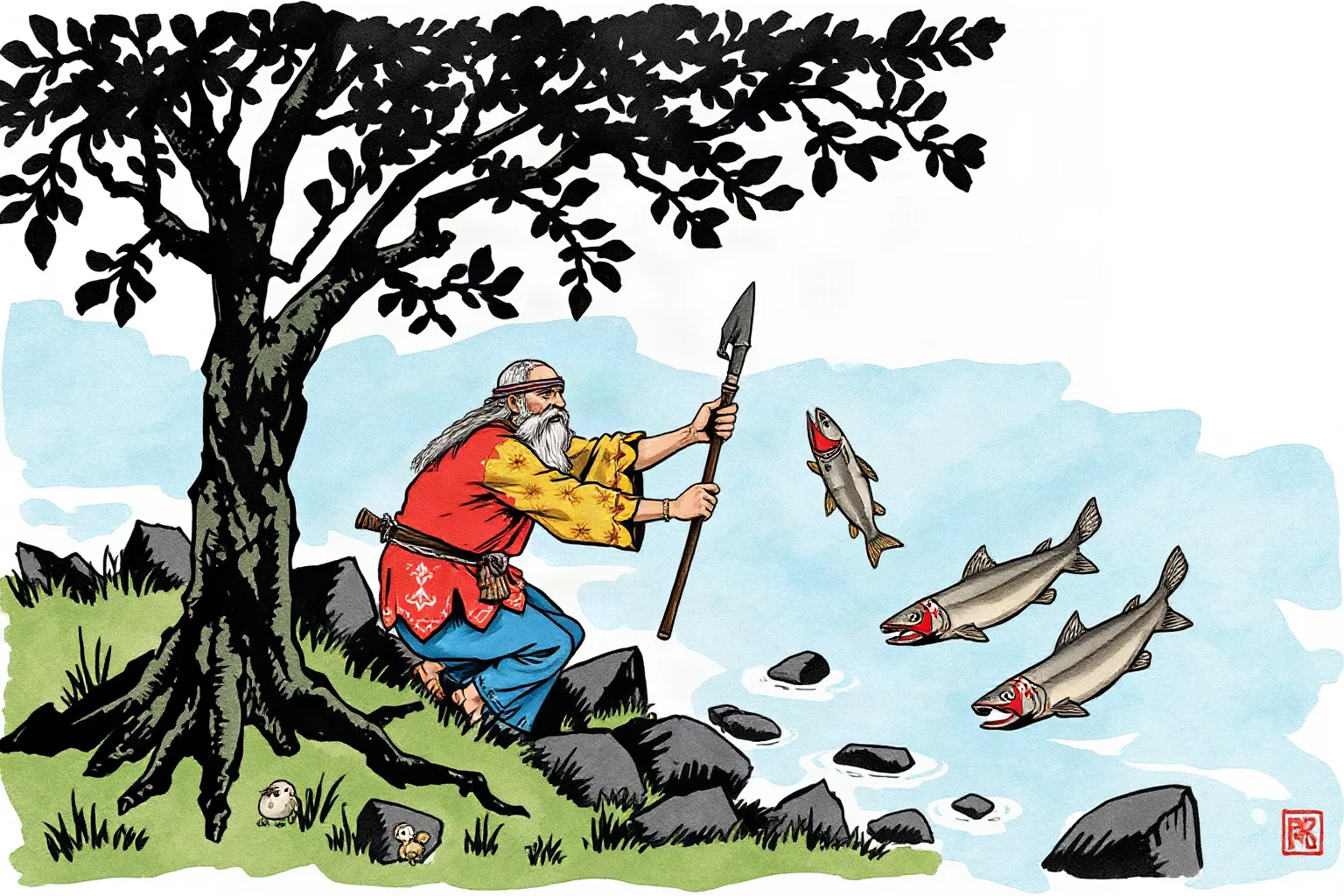 Ink-brush style illustration of a legendary sage teaching early humans to fish and hunt by a river