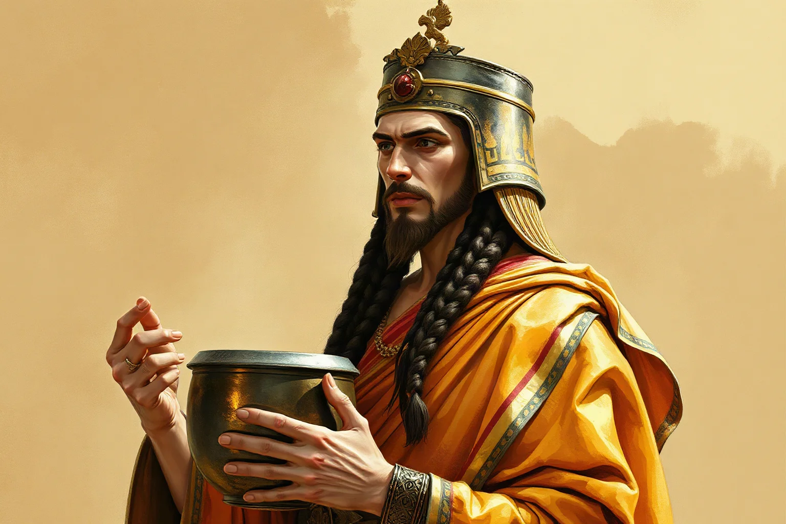 Ink-style portrait of an ancient bronze-age king in ceremonial robes holding a ritual bronze vessel