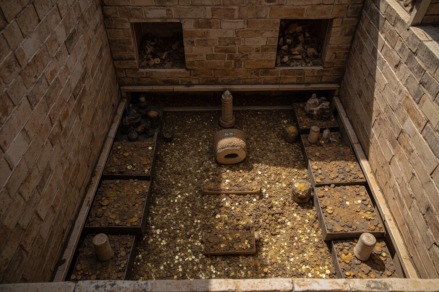 Interior chamber of an ancient marble temple filled with stored treasures, coins, and ceremonial offerings