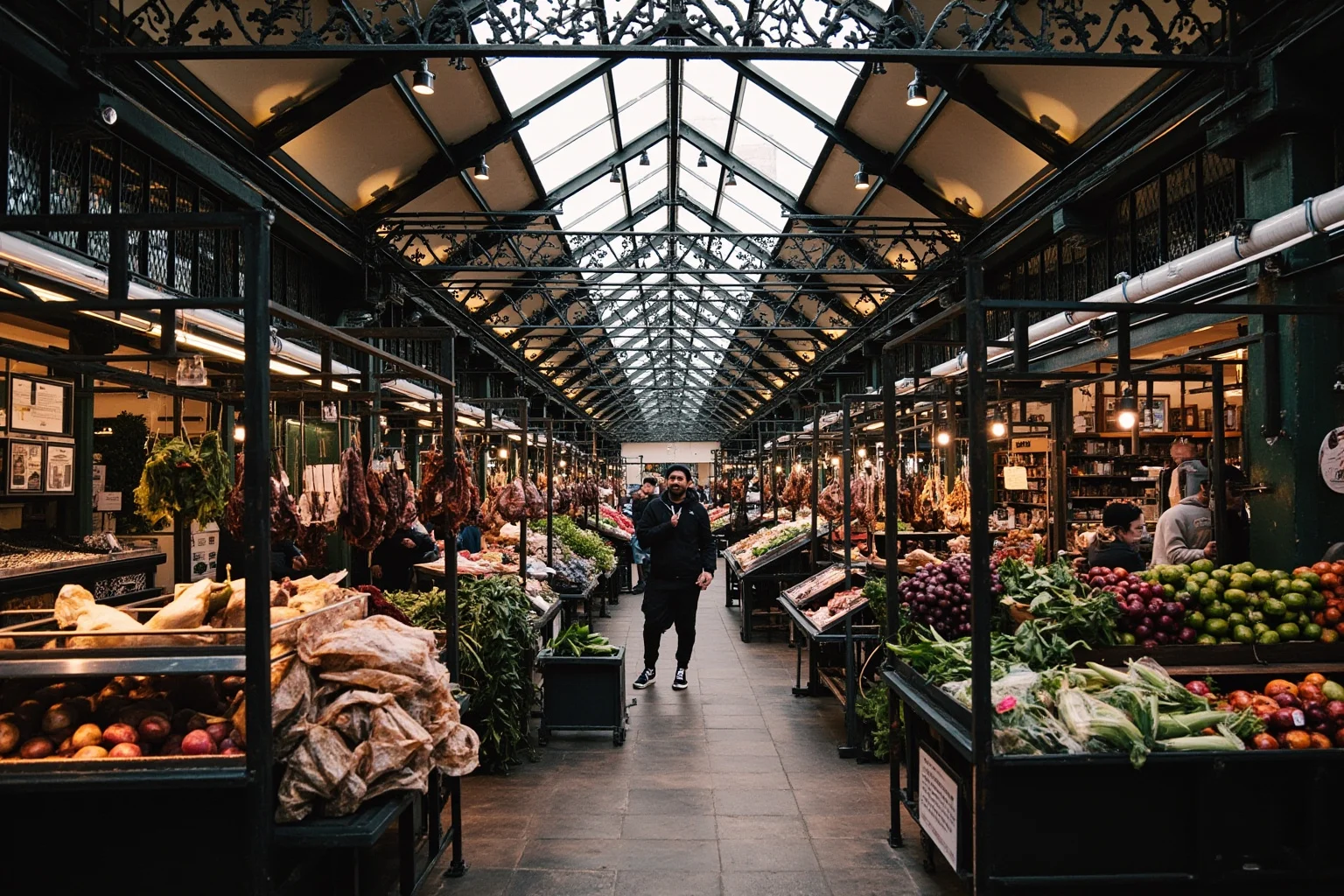 Interior of Borough Market in London with hanging produce, cured meats, and Victorian ironwork roof structure