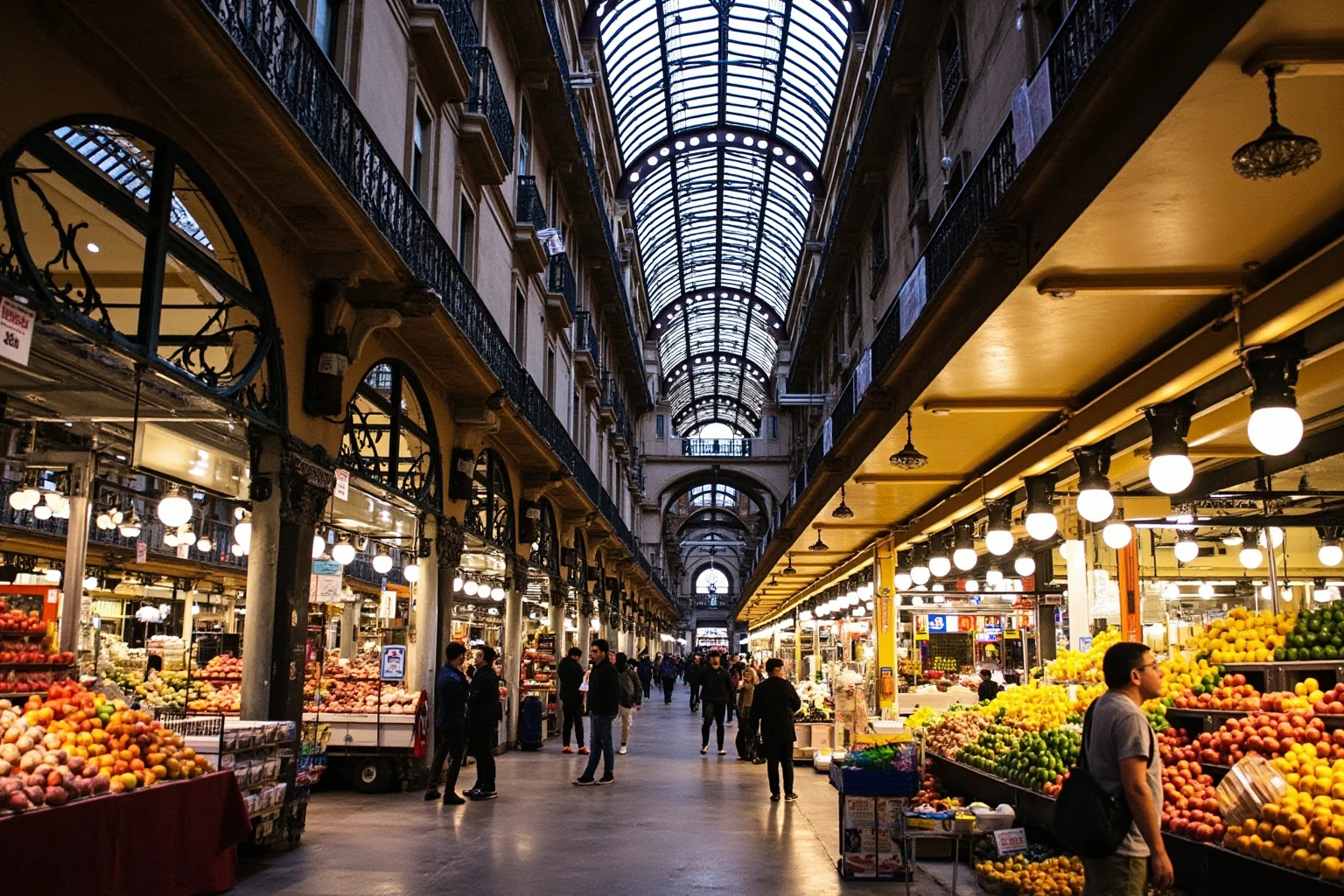 Interior of La Boqueria market in Barcelona with colorful fruit stands and ironwork ceiling structure